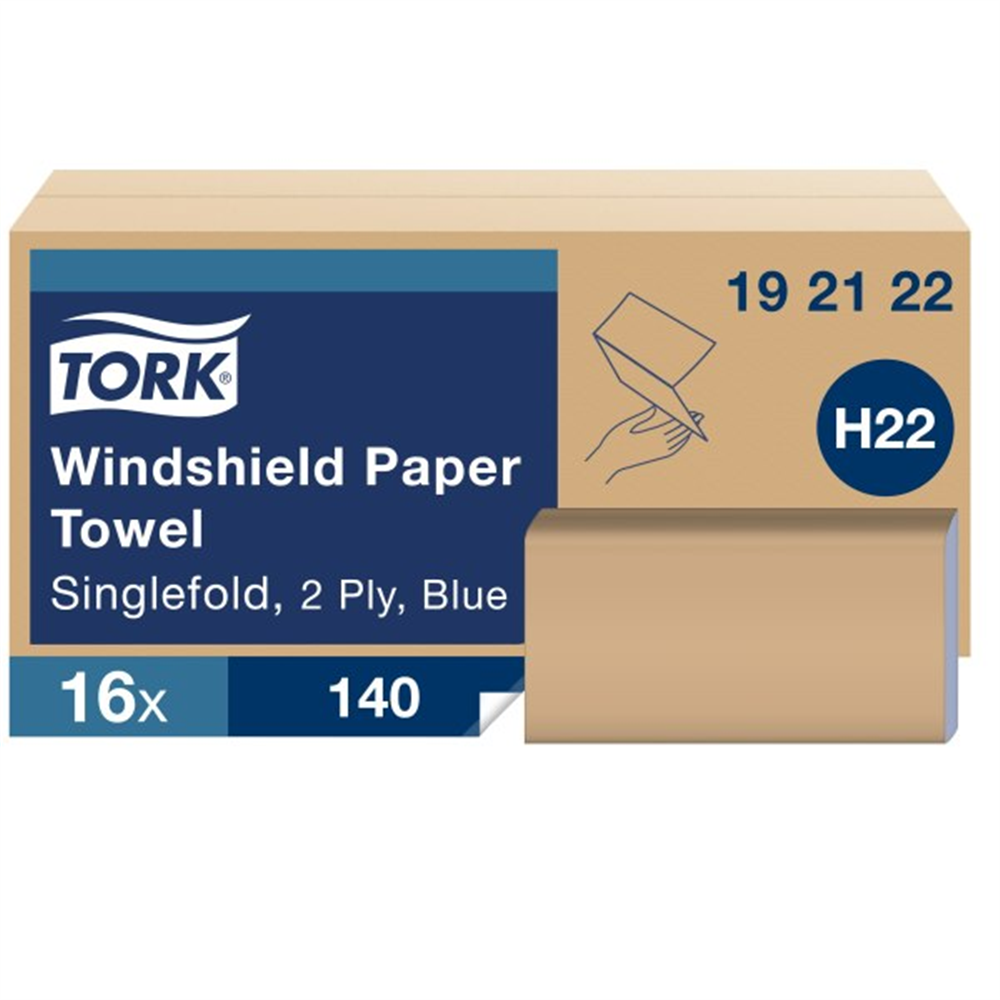 A beige box containing singlefold paper towels with blue and white labeling and product details displayed. Tork H22 Blue Folded 2-Ply Windshield Paper Towel (10.25 in. x 9.125 in., 140 Towels/Pack, 16 Packs/Case)